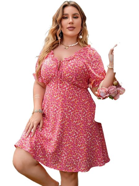 

plus all over floral print tie neck frill trim dress h3qg#, Black