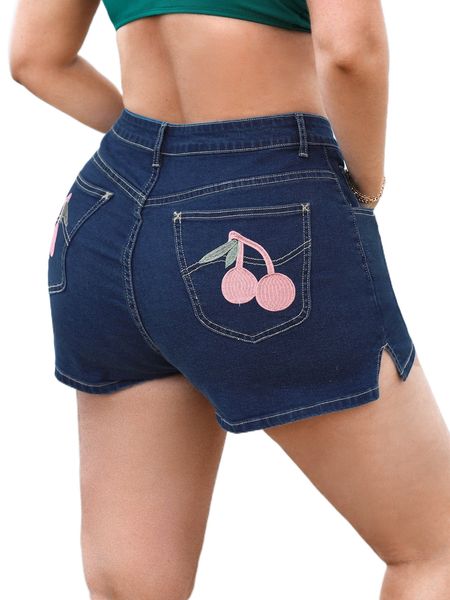 

plus cherry embroidery split hem denim shorts 42dl#, White;black