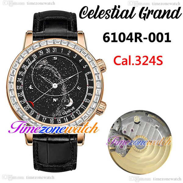 

bwf v5 date 6104r-001 celestial grand complication mens watch a324s automatic 6104 rose gold diamond bezel starry sky dial leather strap twp, Slivery;brown