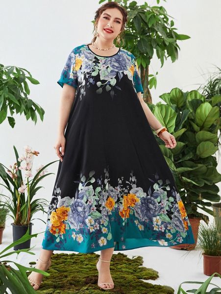 

plus floral print tunic dress 75pk#, Black