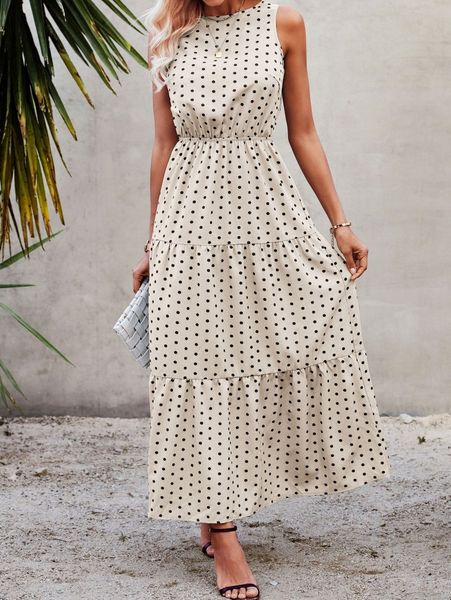 

polka dot sleeveless ruffle hem a-line dress 86oy#, Black;gray