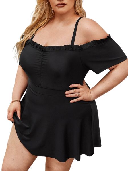 

plus cold shoulder frilled one piece swimsuit o07h#, White;black