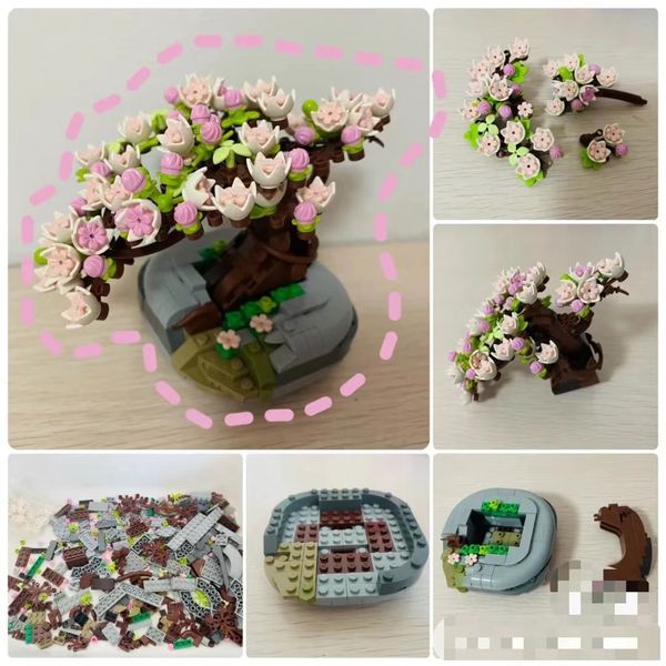 

model building kits artifical flower building blocks pink cherry blossom plant model diy succulent potted flowers assembled bricks girl gift