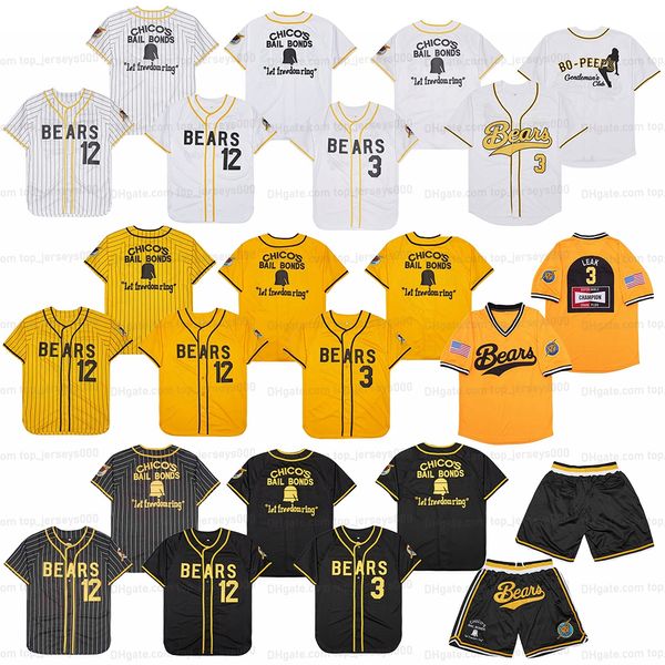 The Bad News Bears Movie Baseball Jersey 3 Kelly Leak 12 Tanner Boyle Chico's Bail Bonds Jersey Bo Peeps Shorts costurados branco preto amarelo de alta qualidade