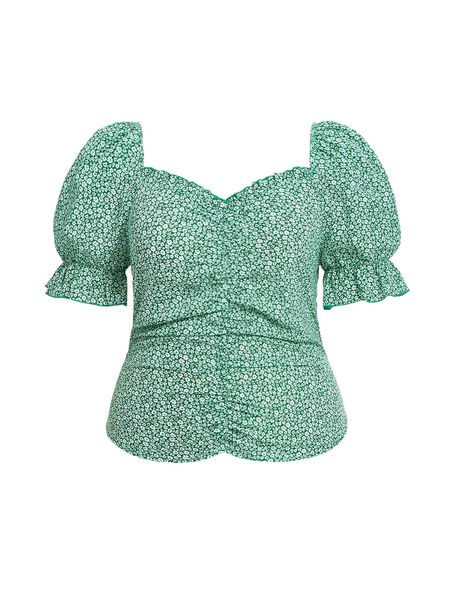 

plus ditsy floral print puff sleeve blouse 70xb#, Black