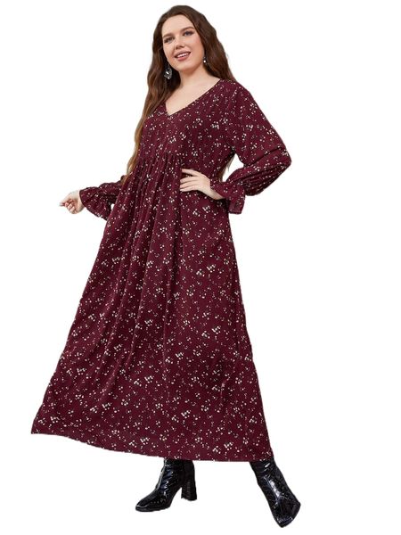 

plus ditsy floral print flounce sleeve dress y7by#, Black