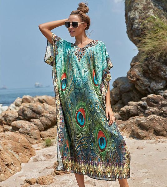 Damen-Bademode, schnell trocknend, Bikini-Vertuschungen, Pfauenfeder-Druck, V-Ausschnitt, Sommer-Strand-Tunika, Damen-Beachwear, Kaftan, Robe de Plage, Damen