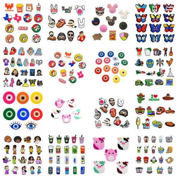 

100pcs/set evil eyes texas mexican pattern croc jibz 2d soft pvc anime shoe accessories clog pins shoe buttons buckles decorations fit child, White;pink