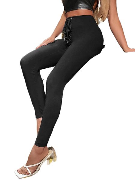 

lace up front skinny pants n9gt#, Black;white