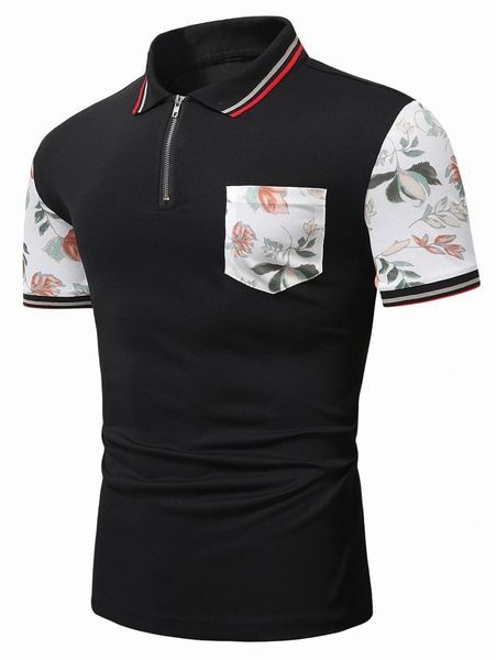 

men floral print quarter zip contrast trim polo shirt g9tt#, White;black