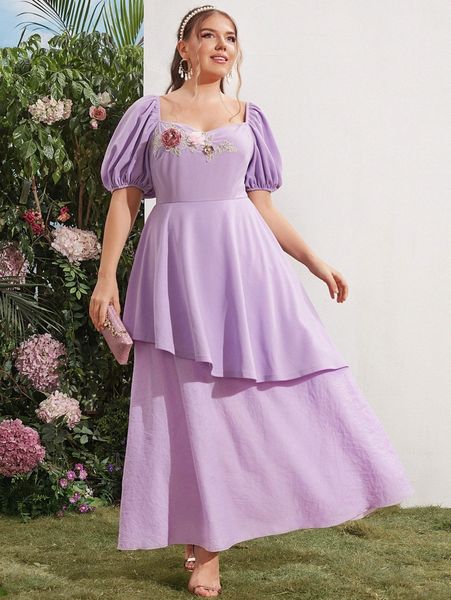 

plus sweetheart neck puff sleeve floral applique detail dress e2ew#, Black