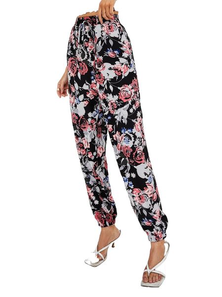 

allover floral print knot front pants w7f0#, Black;white