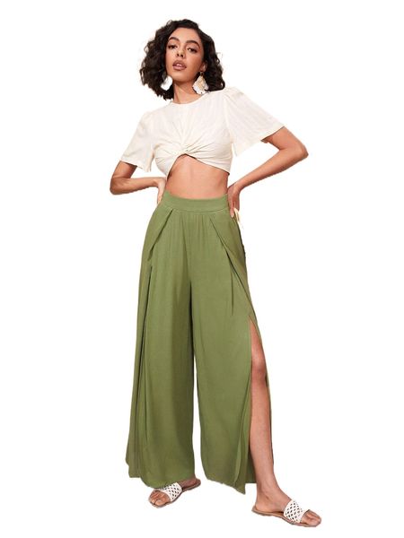 

wrap hem split thigh wide leg pants w67b#, Black;white