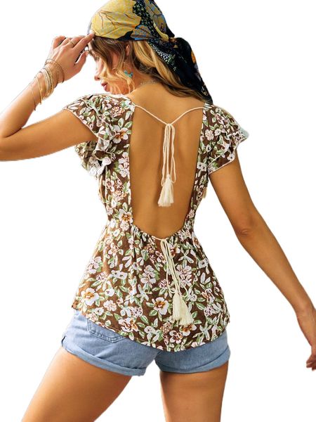 

luukse floral print tie backless fringe detail peplum v3sl#, White