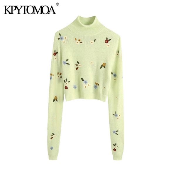 

kpytomoa women fashion floral embroidery cropped knitted sweater vintage high neck long sleeve female pullovers chic 201225, White;black
