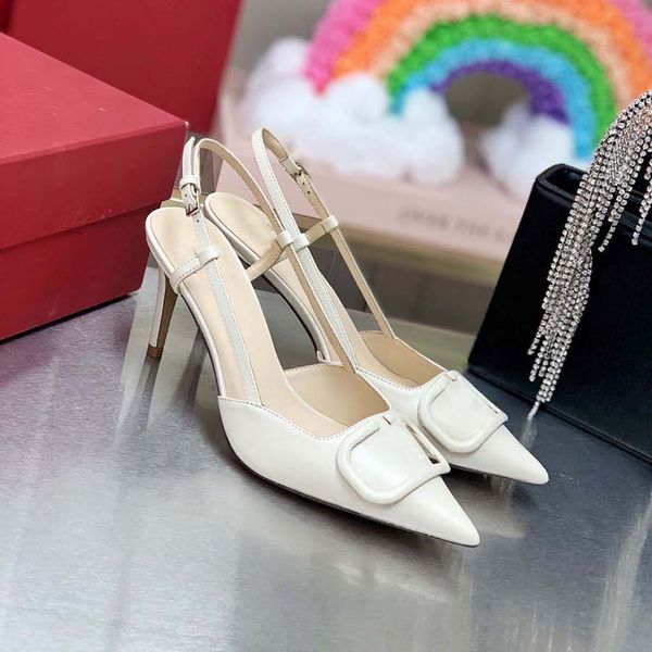 

2022 shoes summer one-button shallow heel sandals for women with pointy leather patent nude high heels, Black