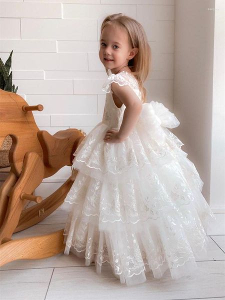 Платья девочки из грациозной цветочной девушки Appliques Bow Mared Tulled Made Boho Junior Bridemaid's Dressgirl's