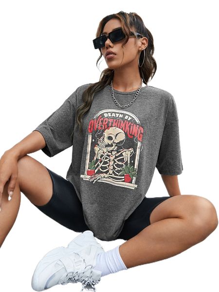 

x eduely letter & skeleton print d.rop s.houlder tee p9i3#, White