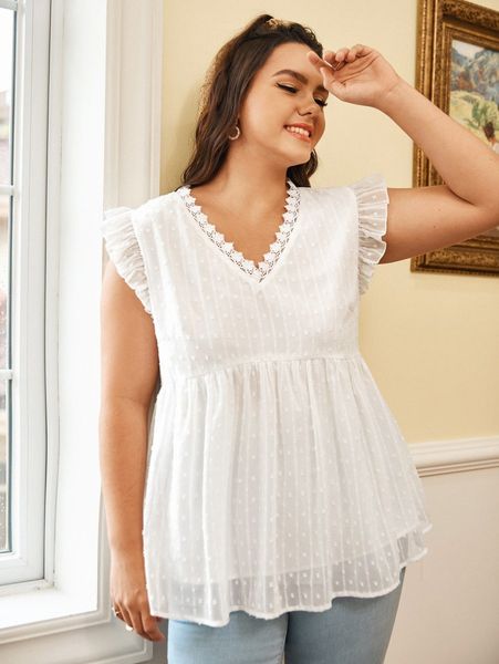 

plus v-neck swiss dot peplum o5j8#, Black