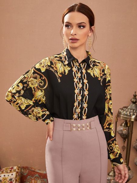

floral & chain print batwing sleeve blouse 53m0#, White