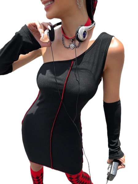 

one shoulder stitching bodycon dress c1hg#, Black;gray