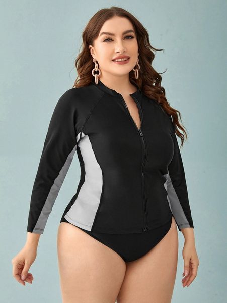 

plus color block zipper front bikini swimsuit a6f6#, White;black