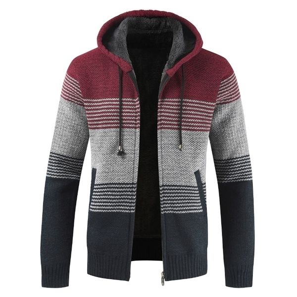 

sweater coat men winter thick warm hooded cardigan jumpers men striped wool liner zipper fleece coats men 201126, White;black