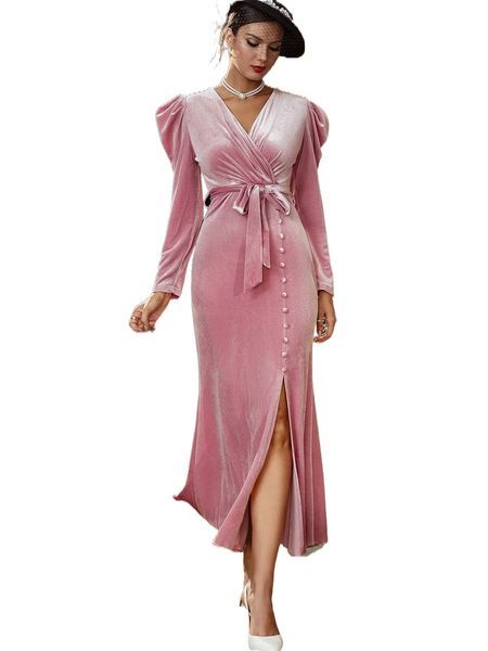 

gigot sleeve button detail split thigh belted dress e6y2#, Black;gray