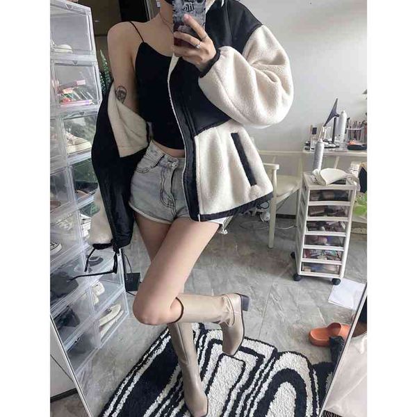 

women's jackets 22aw king autumn and winter st collar lamb wool splicing fashionable jacket black white contrast plush jacket women, Black;brown