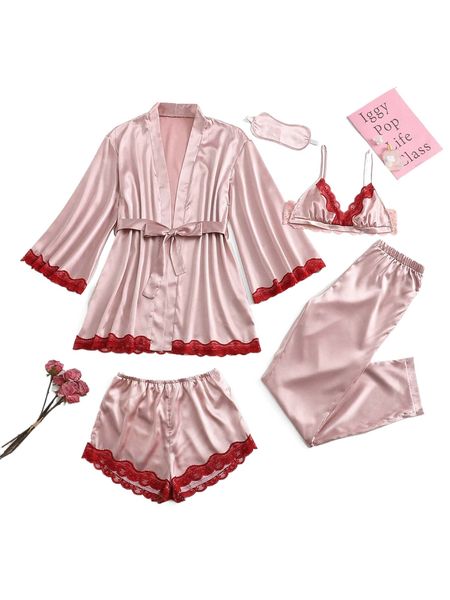 

5pcs contrast lace belted satin pj set m5tl#, Black;red