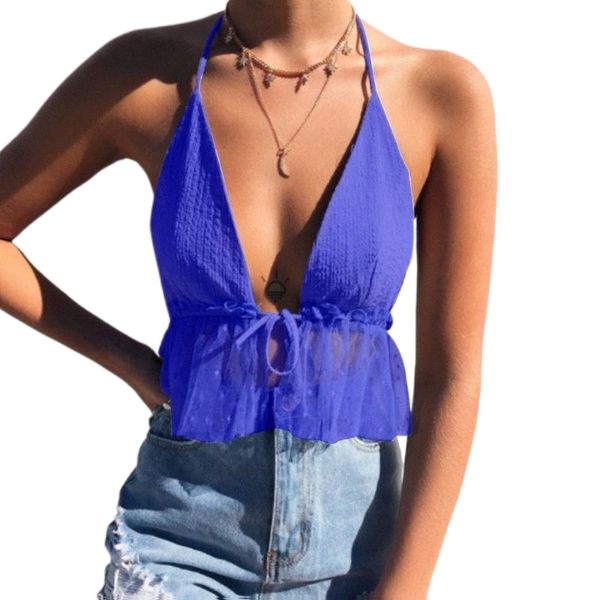 

women's tanks & camis 2021 arrivals summer fashion spaghetti strap halter drawstring mesh transparent backless high street women f44j#, White