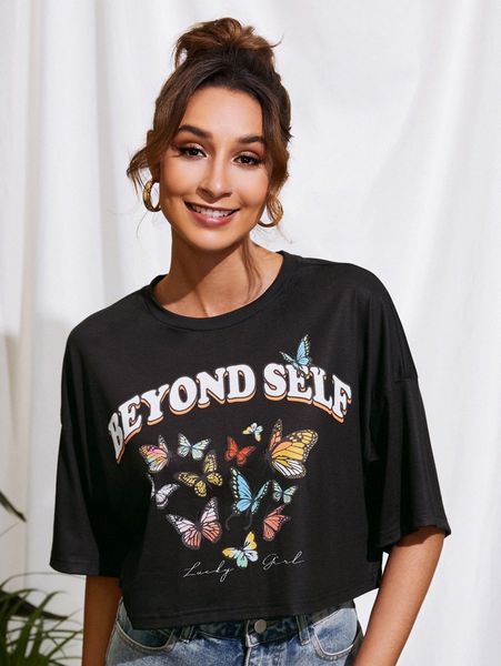 

butterfly and slogan graphic tee t79q#, White