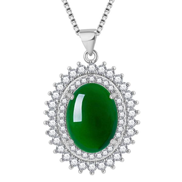 Retro großzügige ovale Volldiamant-Halskette mit Anhänger aus Jadeimitat, grüner Jade, Eigesicht-Anhänger, Halskette mit Anhänger aus synthetischer grüner Jade mit eingelegtem Zirkon