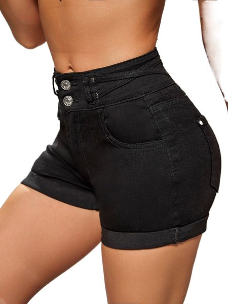 

roll hem denim shorts k73j#, White;black