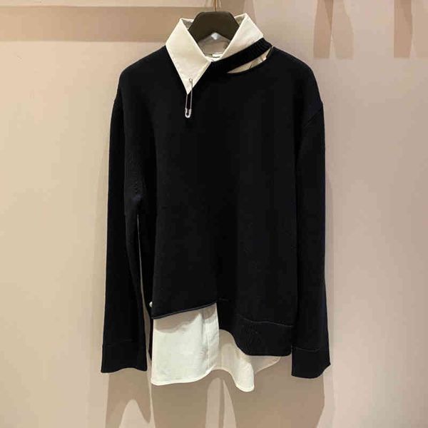 

women's knits tees france spring fake two piece color contrast splicing pullover sweater loose long sleeve wool sweater women's fa, White