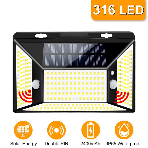 316 LED Super Lâmpadas Solares Brilhantes Ao Ar Livre Powered Solar IP65 À Prova D 'Água Duplo Pir Motion Sensor Light Light for Garden Garage