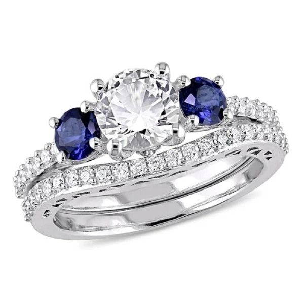 Rings de cluster Classic Fashion Wedding Diamond Ring Conjunto requintado 10k White Gold Blue Sapphire Jewelry Year Giftcluster