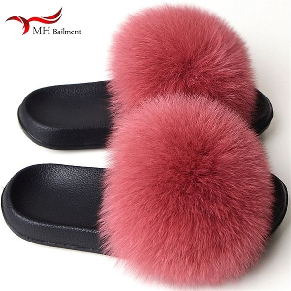 

real slippers women summer indoor fluffy flat raccoon fur slides outdoor fashion casual beach plus size shoes 220720, Black