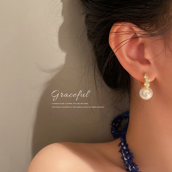 

real gold plating european and american trendy earrings big pearl zircon eardrop internet fashionable super flash elegant and personali, Golden