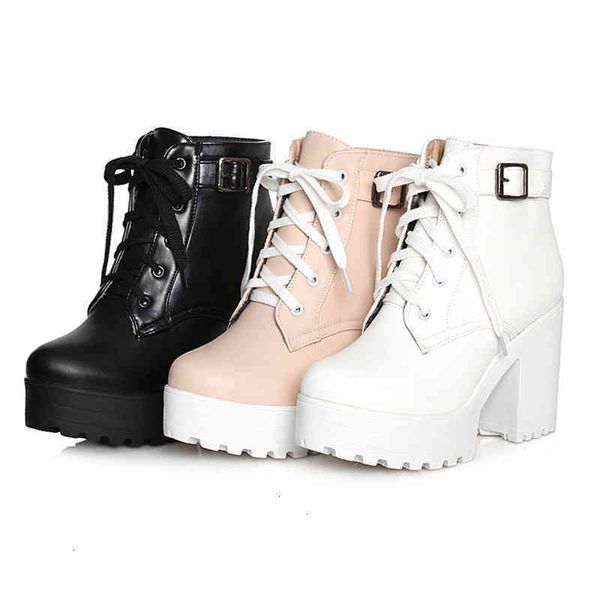 

shoes spring dress autumn fashion women boots square high heels platform buckle lace up pu short booties winter ladies whit 9asd, Black