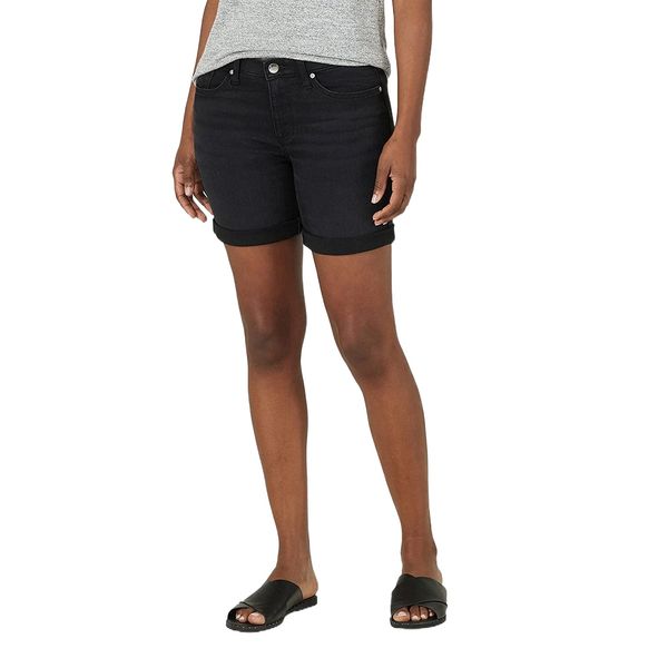 

women's petite ultra lux mid-rise straight leg jean short 92yc#, White;black