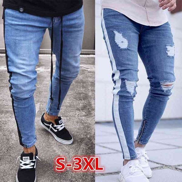 

men's jeans small foot zipper jeans men's fashion knee hole small style 40fj, Blue