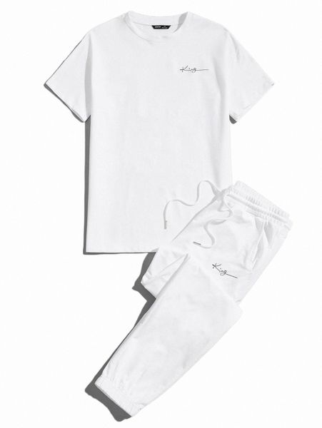 

men letter embroidered tee & pocket side joggers set 168v#, Gray