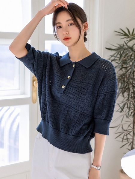 

dazy-less polo neck pointelle knit 30fg#, White;black