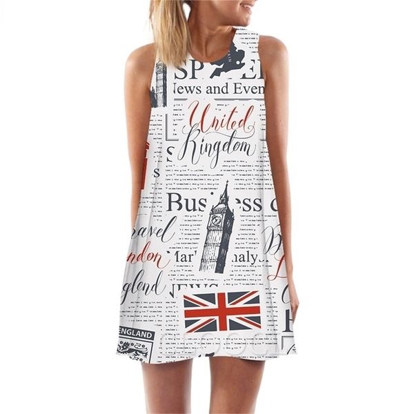 

women tank retro spapers 3d print uk big ben loose dress mini short party female vest sleeveless dress w220617, Black;gray
