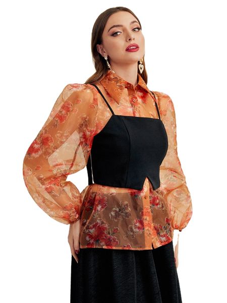 

lantern sleeve buttoned floral organza shirt with camisole w8bk#, White