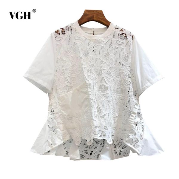 

white patchwork lace t shirt for women o neck short sleeve irregular hem casual shirts female summer fashion clothing 210507