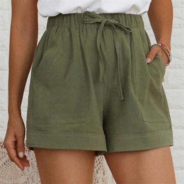 

women summer shorts green casual cotton linen elastic waist two pockets solid female plus size woman 210702, White;black