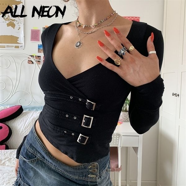 

allneon e-girl streetwear v-neck black long sleeve crop grunge aesthetics gothic buckle trim t-shirts criss-cross tees 220408, White
