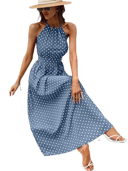 

polka dot tie back halter neck dress c5xk#, Black;gray